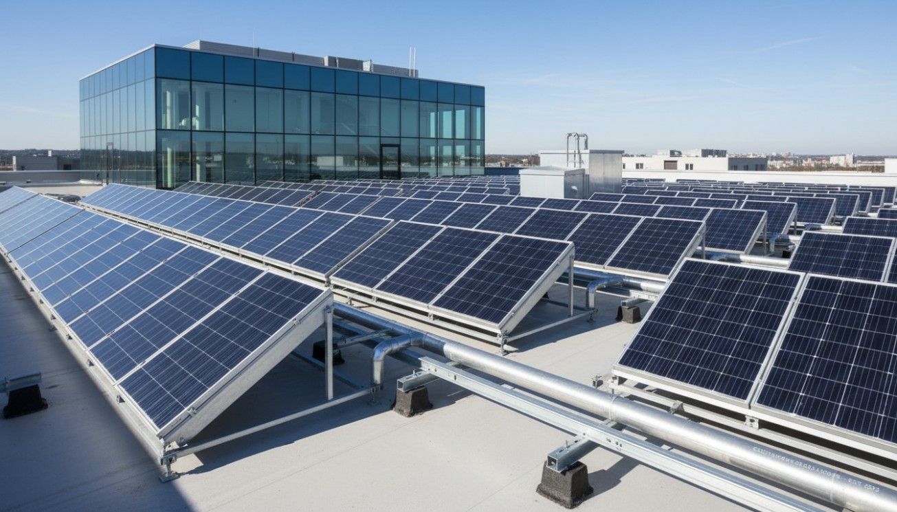Large flat plate collector array design on a commercial flat roof with tilted mounting frames, pipe routing, and organized collector rows